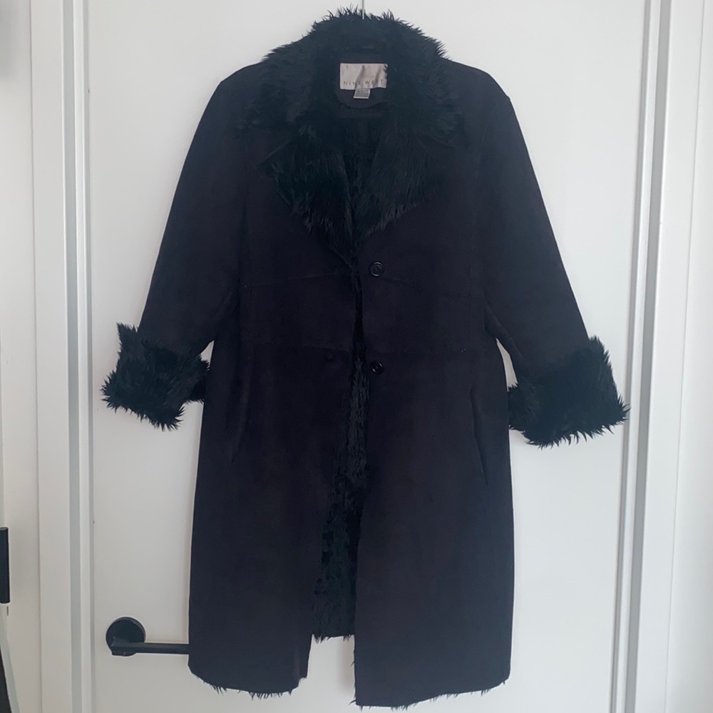 Nine West Black Faux Fur Trim Coat